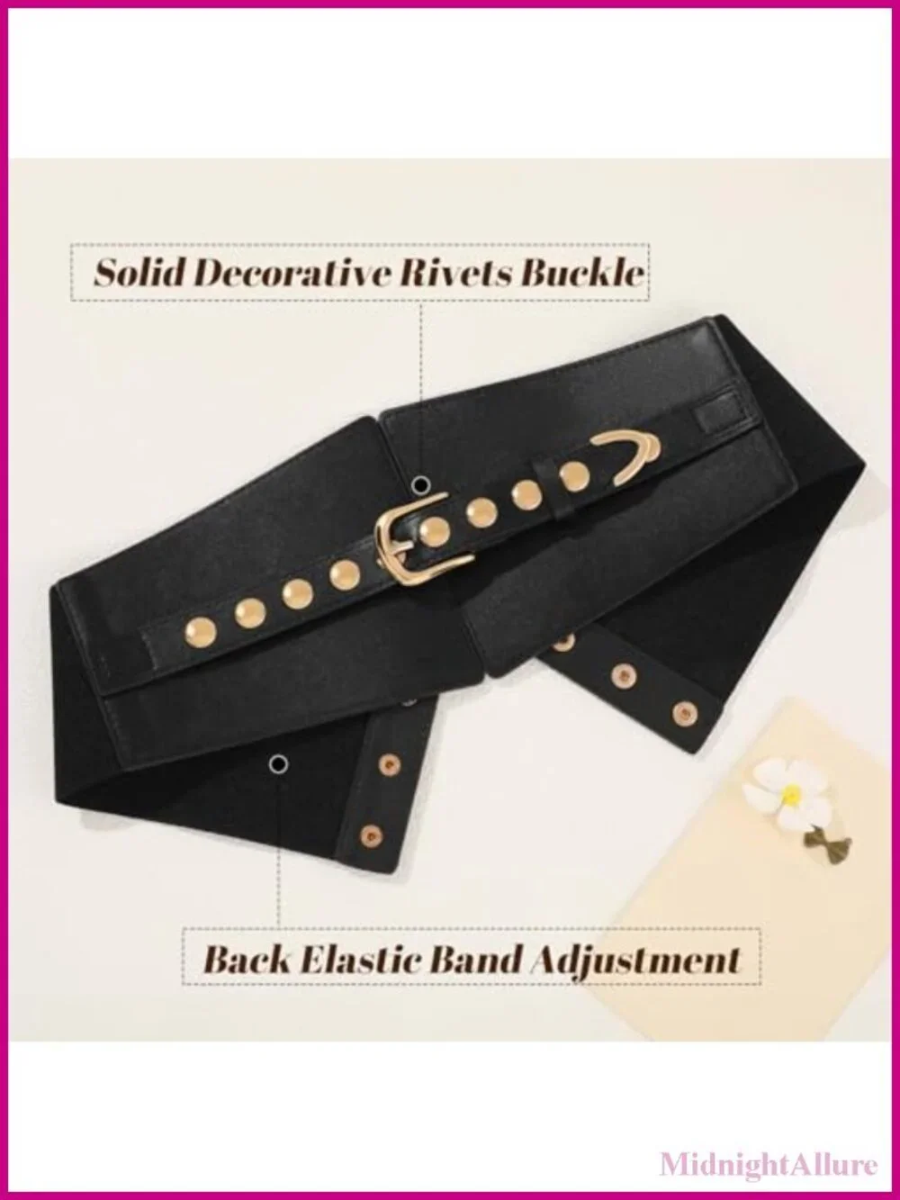 Wide Elastic Waist Belt Faux Leather Gold Rivet Buckle for Dress
